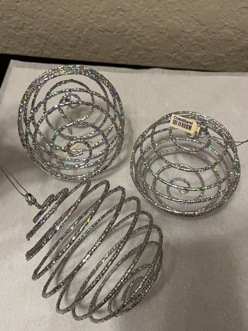 Set of 3 Crate & Barrel Silver Glittery Swirl Style Christmas Tree Ornaments